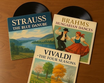 Set imprimible de discos de vinilo en miniatura con éxitos clásicos: 6 diseños vintage, música para casa de muñecas (descarga en PDF/JPEG)