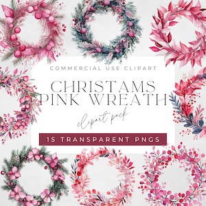 Clipart Couronne de Noël rose, couronne d'hiver, gui neige, baies, verdure et fleurs, pommes de pin, feuilles roses