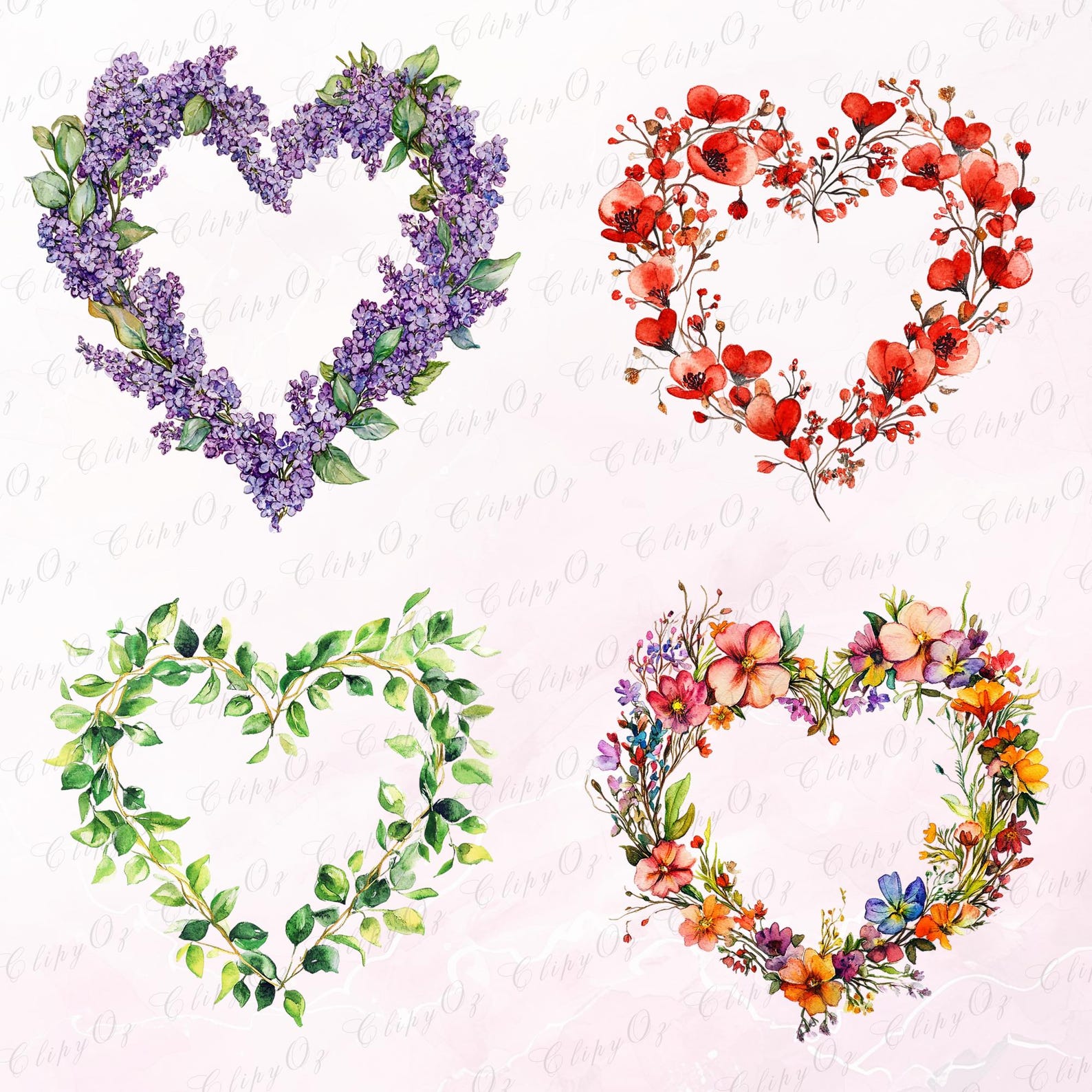 Watercolor Floral Heart Wreath Clipart: Valentine's PNG Frames (digital ...