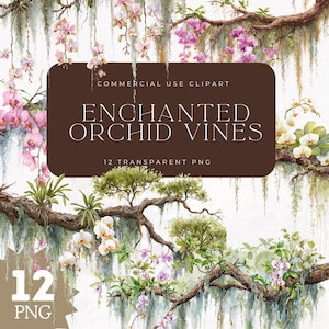 Könnte beinhalten: Aquarell-Illustration von Orchideenranken mit rosa, weißen und lila Blüten. Das Bild enthält den Text "ENCHANTED ORCHID VINES" und "12 TRANSPARENT PNG" auf braunem Hintergrund. Das Bild ist ein Clipart für kommerzielle Zwecke.