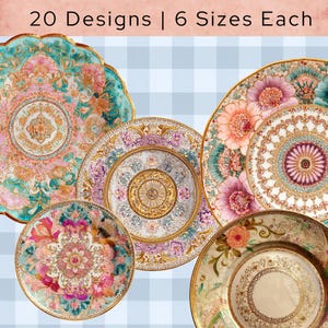 May include: A selection of decorative plates with floral and ornate patterns. The plates display a range of colours, including pink, teal, gold, and purple. The text "20 Designs | 6 Sizes Each" is at the top.