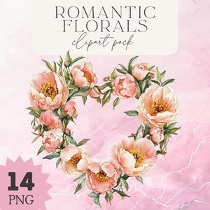Watercolor Floral Heart Wreath Clipart: Valentine&#39;s PNG Frames (Digital Download)