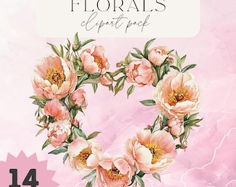 Watercolor Floral Heart Wreath Clipart: Valentine's PNG Frames (Digital Download)