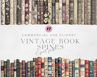 May include: A set of 17 digital clipart images of vintage book spines. The spines are decorated with floral patterns and have a worn, antique look. The images are perfect for adding a touch of vintage charm to your digital projects.