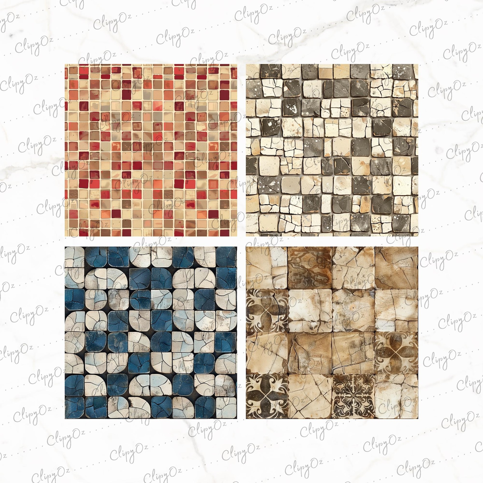 Rustic Seamless Mosaic Tiles Clipart, Vintage Stone and Ceramic ...
