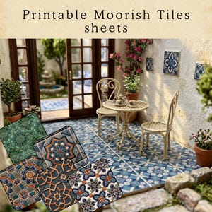 May include: Printable Moorish Tiles sheets featuring a collection of square patterns with intricate geometric designs in shades of blue, orange, and green, displayed over a miniature patio scene with a table and chairs.
