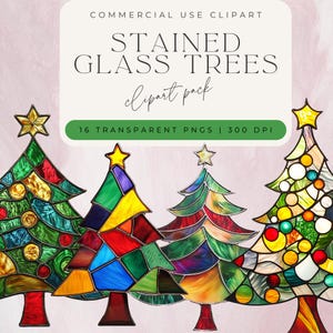 Stained Glass Christmas Tree Clipart: Festive PNG Images (Digital Download)