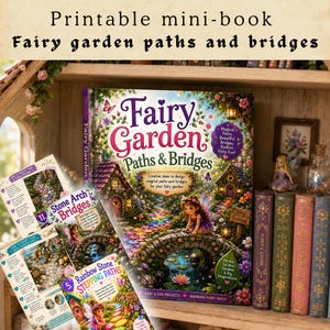 May include: A printable mini-book titled Fairy Garden Paths & Bridges, featuring a colorful cover illustration of a fairy on a stone bridge, alongside two smaller instructional pages detailing stone arch bridges and rainbow stone stepping paths.