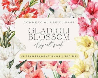 Gladioli Blossom Clipart Pack, 25 PNG, Floral Gladiolus Clipart, Botanical Illustration, Watercolor Gladiolus