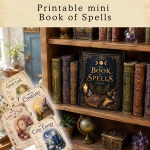 May include: A wooden bookshelf displays a collection of antique books, including a large book titled "The Book of Spells." Several smaller cards with titles like "Good Luck" and "Creativity" are in the foreground. The image has a vintage, mystical aesthetic.