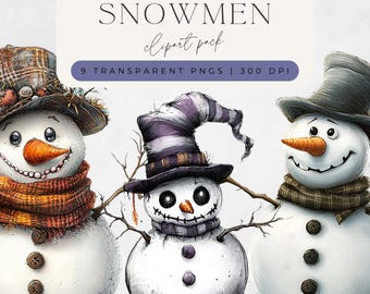 Whimsical Snowman Clipart: 9 PNG Christmas Art (Digital Download)