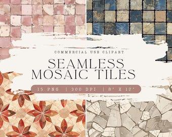 Rustic Seamless Mosaic Tiles Clipart, Vintage Stone and Ceramic Patterns, Commercial Use, Seamless