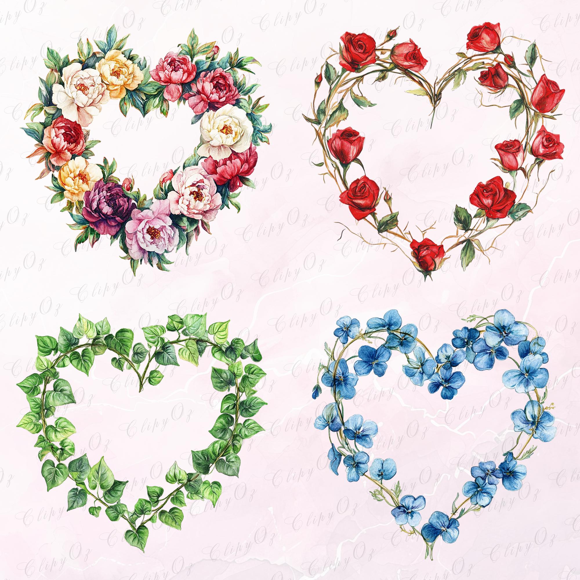 Watercolor Floral Heart Wreath Clipart: Valentine's PNG Frames (digital ...