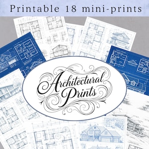 May include: A selection of architectural prints, featuring house plans and exterior designs. The prints are in blue and white, with detailed line drawings. The central design displays the words "Architectural Prints" in elegant script.