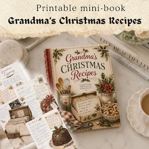 Può includere: Un mini-libro stampabile intitolato Grandma's Christmas Recipes con una copertina in stile vintage illustrata con utensili da cucina, una scatola per ricette e stelle di Natale. Il set include pagine di ricette sciolte con istruzioni.