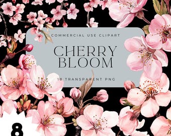Watercolor Cherry Blossom Clipart: Botanical PNG Graphics (Commercial Use)