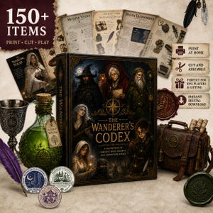 Peut inclure: Une collection sur le thème fantastique comprenant un livre intitulé The Wanderer's Codex, une fiole à potion en verre vert avec un bouchon, un calice en métal, une sacoche en cuir marron, une plume violette, des jetons et des feuilles de personnage.