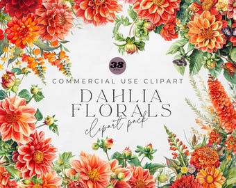 May include: A digital clipart pack of 38 watercolor illustrations of orange and red dahlia flowers. The flowers are arranged in a heart shape with green leaves and stems. The text "COMMERCIAL USE CLIPART DAHLIA FLORALS clipart pack" is written in black text on a white background.