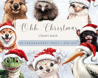 May include: A digital clipart pack featuring 39 illustrations of Australian animals wearing Santa hats. The animals include a quokka, echidna, kookaburra, Shiba Inu, Tasmanian devil, crocodile, quoll, and a pelican. The text "Ohh... Christmas clipart pack 39 TRANSPARENT PNGS | 300 DPI" is displayed on a white background with a snowflake pattern.