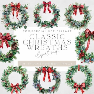 Christmas Classic Wreath Clipart, Winter wreath, Mistletoe Snow Berry, Greenery and Florals, Pine Cones