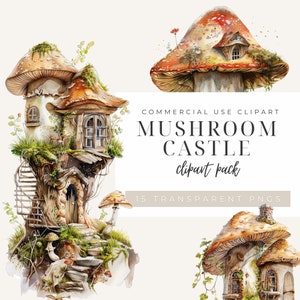 Champignons château aquarelle Clipart 15 PNG forêt graphiques, Illustrations de la Nature magique, téléchargement numérique instantané, usage commercial