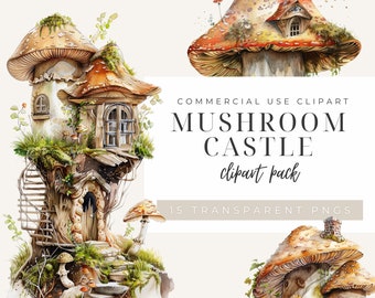 Watercolor Mushroom Castle Clipart: 15 PNG Forest Graphics (Digital Download)