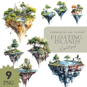 Aquarel Fantasy Art eiland clipart, eiland waterval clipart, surrealistische fantasykunst, drijvend eiland, aquarel eiland