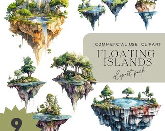 Watercolor Floating Island Clipart: Fantasy Surreal Art (PNG Digital Download)