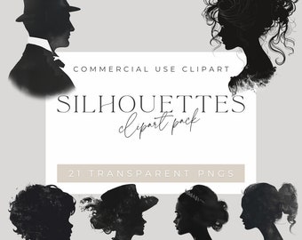 Watercolor Silhouette Clipart: Gentleman & Lady PNG Images (Digital Download)