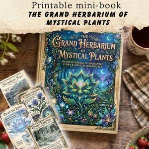 Op de afbeelding: Een printbaar miniboek getiteld The Grand Herbarium of Mystical Plants, met een geïllustreerde omslag met een gloeiende centrale bloem, omringd door kleinere botanische kaarten met de labels Stormtborn Briar, Crystal Thistle, Celestial Lotus en Ghost Orchid.