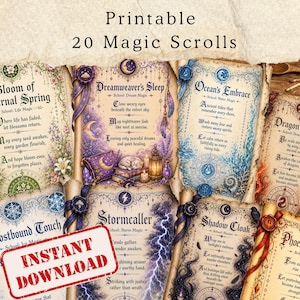 May include: A collection of printable magic scrolls featuring twenty distinct designs with ornate borders, thematic illustrations, and descriptive text for various spells like Dreamweaver's Sleep, Ocean's Embrace, and Stormcaller.