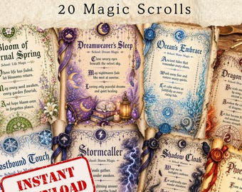 Fantasy Spell Scrolls Printable, 20 Ancient Magic Scrolls, RPG D&D Props, Junk Journal Ephemera, Miniature Dollhouse Printables