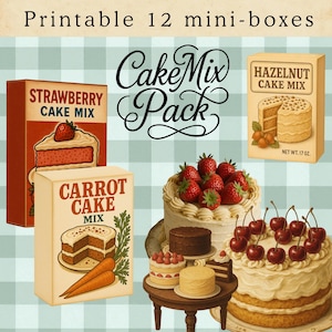 May include: Printable 12 mini-boxes of cake mix. The image features boxes of strawberry, carrot, and hazelnut cake mix, along with several decorated cakes. The text "Cake Mix Pack" is also visible.