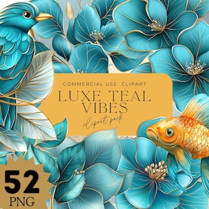 Könnte beinhalten: Digitales Clipart-Paket mit türkisfarbenen Blumen, Blättern, einem Vogel und einem Goldfisch mit goldenen Akzenten. Der Text "LUXE TEAL VIBES clipart pack" wird auf gelbem Hintergrund angezeigt. Enthält 52 PNG-Dateien.