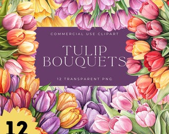 Watercolor Tulip Bouquet Clipart: Pink & Yellow Spring Flowers (Digital Download)