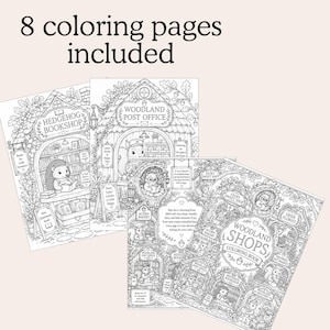 May include: Eight coloring pages included, featuring black and white line art of woodland shops. The illustrations depict a hedgehog bookshop, a woodland post office, and various forest stores with animal characters, intricate foliage, and text.