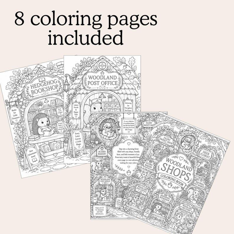 May include: Eight coloring pages included, featuring black and white line art of woodland shops. The illustrations depict a hedgehog bookshop, a woodland post office, and various forest stores with animal characters, intricate foliage, and text.