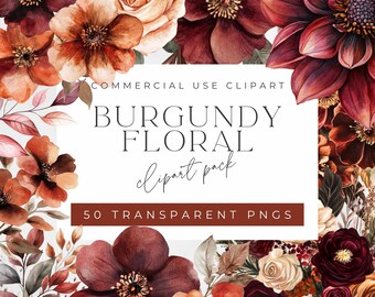 Burgundy Watercolor Flowers Clipart: Fall Autumn Floral (50 PNG)