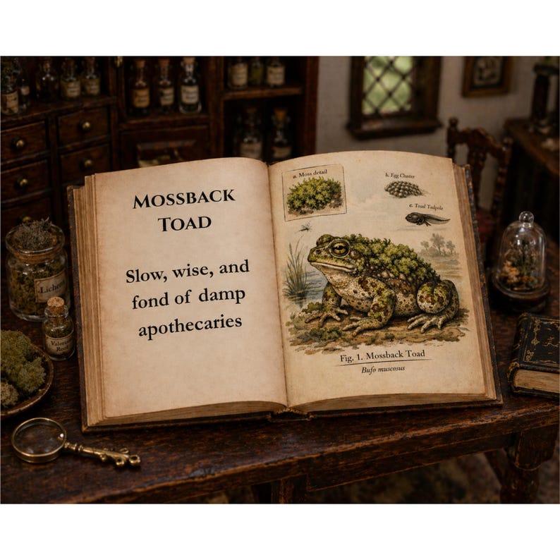 Op de afbeelding: Een open oud boek op een houten tafel toont de tekst "MOSSBACK TOAD" en "Slow, wise, and fond of damp apothecaries." De rechterpagina toont een gedetailleerde illustratie van een pad. Potten en een vergrootglas zijn ook zichtbaar.