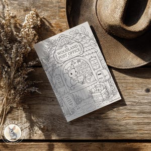 May include: A black and white coloring page titled Woodland Post Office featuring a squirrel behind a counter, a mailbox, and forest elements. The text reads Woodland Post Office, Delivering Joy Throughout the Forest, Letters, and Every Letter Carries a Little Magic.