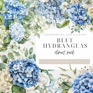 Blue Hydrangea Watercolor flowers, Transparent PNG, Blue flowers clipart, Weeding flowers greenery, Floral clipart, 9 PNGs