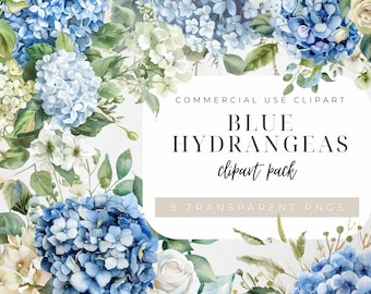 Blue Hydrangea Watercolor Clipart: Floral PNG Set (9 PNGs)