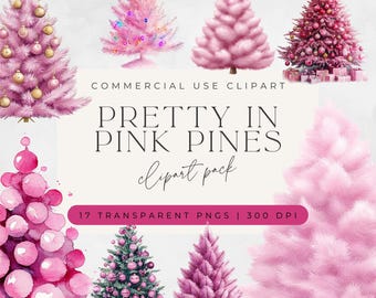 Pink Christmas Tree Clipart: Fluffy Winter Graphics (PNG Digital Download)
