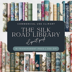 May include: A collection of digital book spines featuring diverse floral, bird, and architectural patterns in various colors. The text reads: COMMERCIAL USE CLIPART THE SILK ROAD LIBRARY clipart pack 18 TRANSPARENT PNGS | 300 DPI.