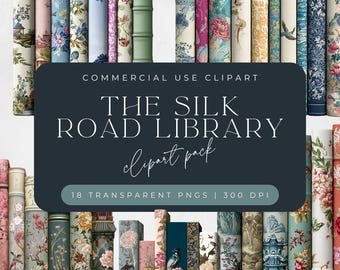 Vintage Chinoiserie Books PNG, Decorative Book Stack Clipart, Floral Bookshelf Graphics, Elegant Floral Bookspines