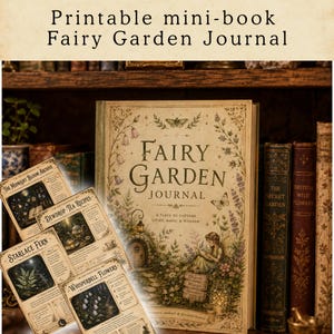 Op de afbeelding: Een vintage-stijl dagboek getiteld "Fairy Garden Journal" met een gedetailleerde coverillustratie van een feeënscène. De afbeelding bevat verschillende kleinere printbare mini-boeken en andere antieke boeken op een houten plank. De tekst "Printable mini-book Fairy Garden Journal" staat bovenaan.