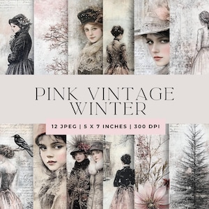 Páginas de diario basura con encanto invernal de color rosa vintage / 12 archivos JPEG / Efímera antigua / Uso comercial / Descarga instantánea