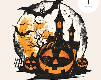 Maison hantée d'Halloween PNG : Clipart chauves-souris et citrouilles (usage commercial)