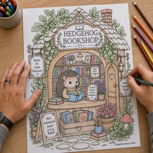 May include: A coloring page titled Hedgehog Bookshop featuring a hedgehog reading a book inside a shop filled with shelves of books, plants, and signs that read Books for Little Dreamers, Read Grow Imagine, A Good Book is a Good Adventure, and New Adventures Await.