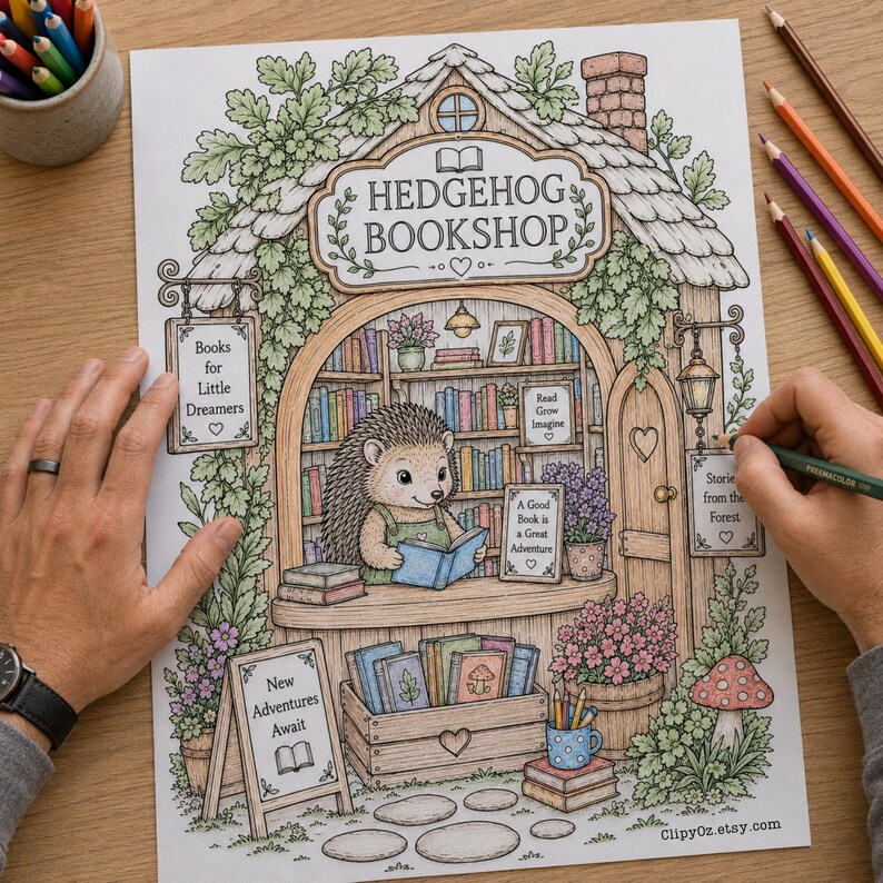 May include: A coloring page titled Hedgehog Bookshop featuring a hedgehog reading a book inside a shop filled with shelves of books, plants, and signs that read Books for Little Dreamers, Read Grow Imagine, A Good Book is a Good Adventure, and New Adventures Await.
